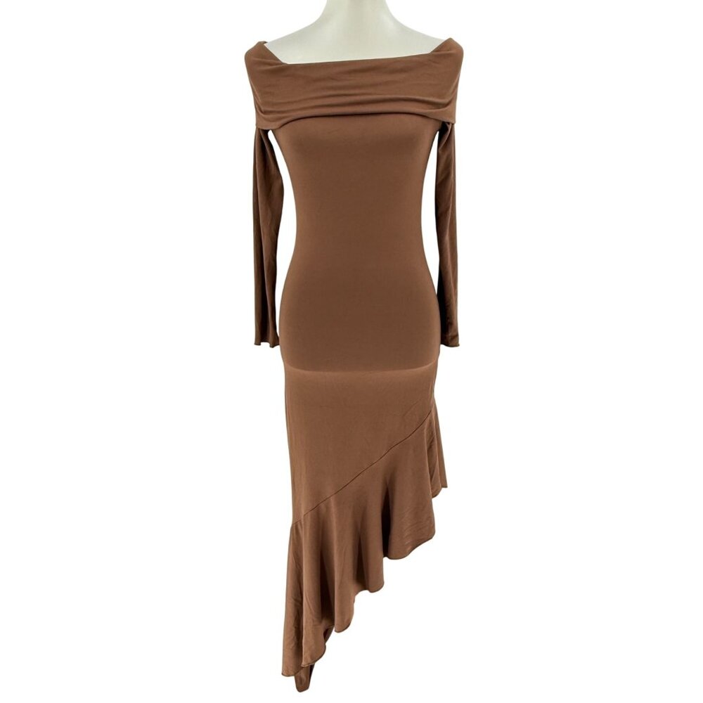Brown Off-Shoulder Long Sleeve Asymmetrical Midi Dress S